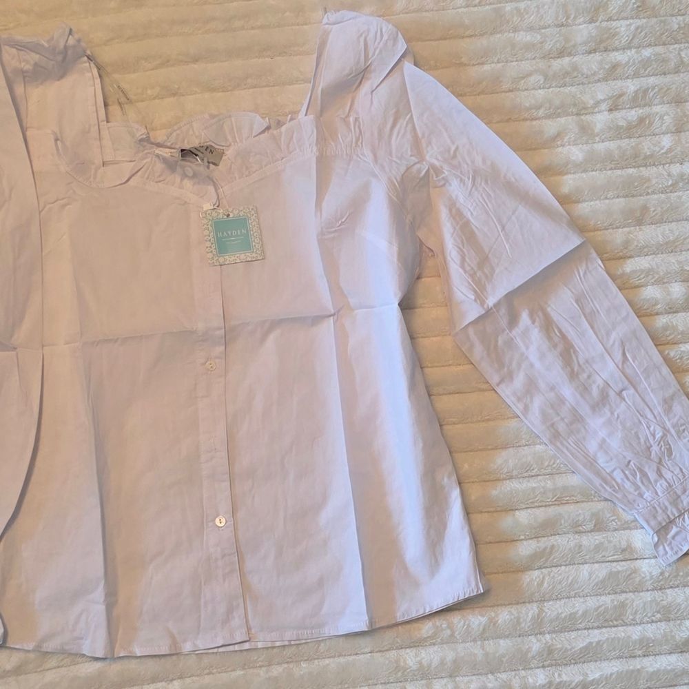 Hayden White Ruffle-Neck Button Front Blouse - White; Medium
